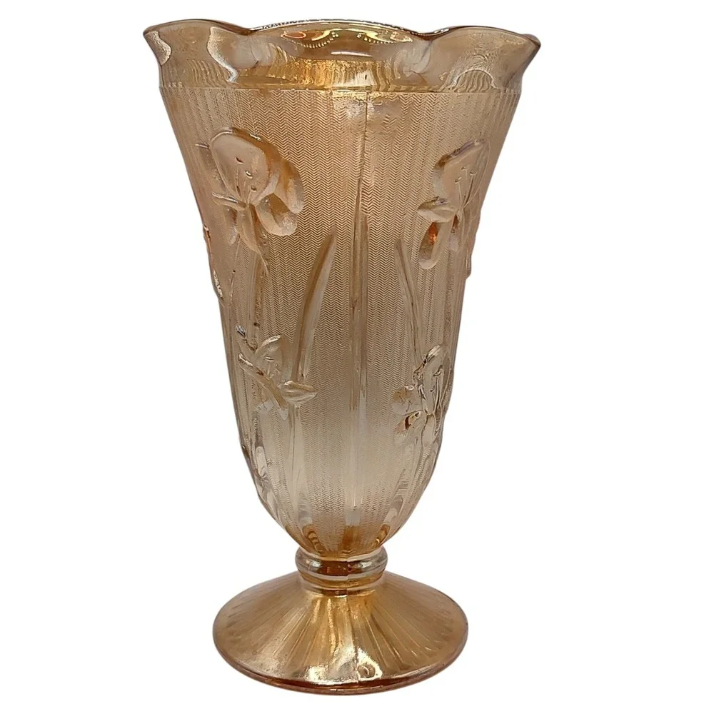 Jeanette‎ Carnival Glass Vase Marigold Herringbone Iris Depression Glass Vintage